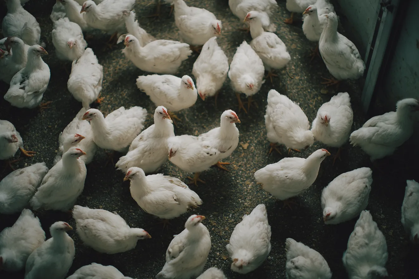 Broiler chickens evenly distributed across the litter in a controlled house