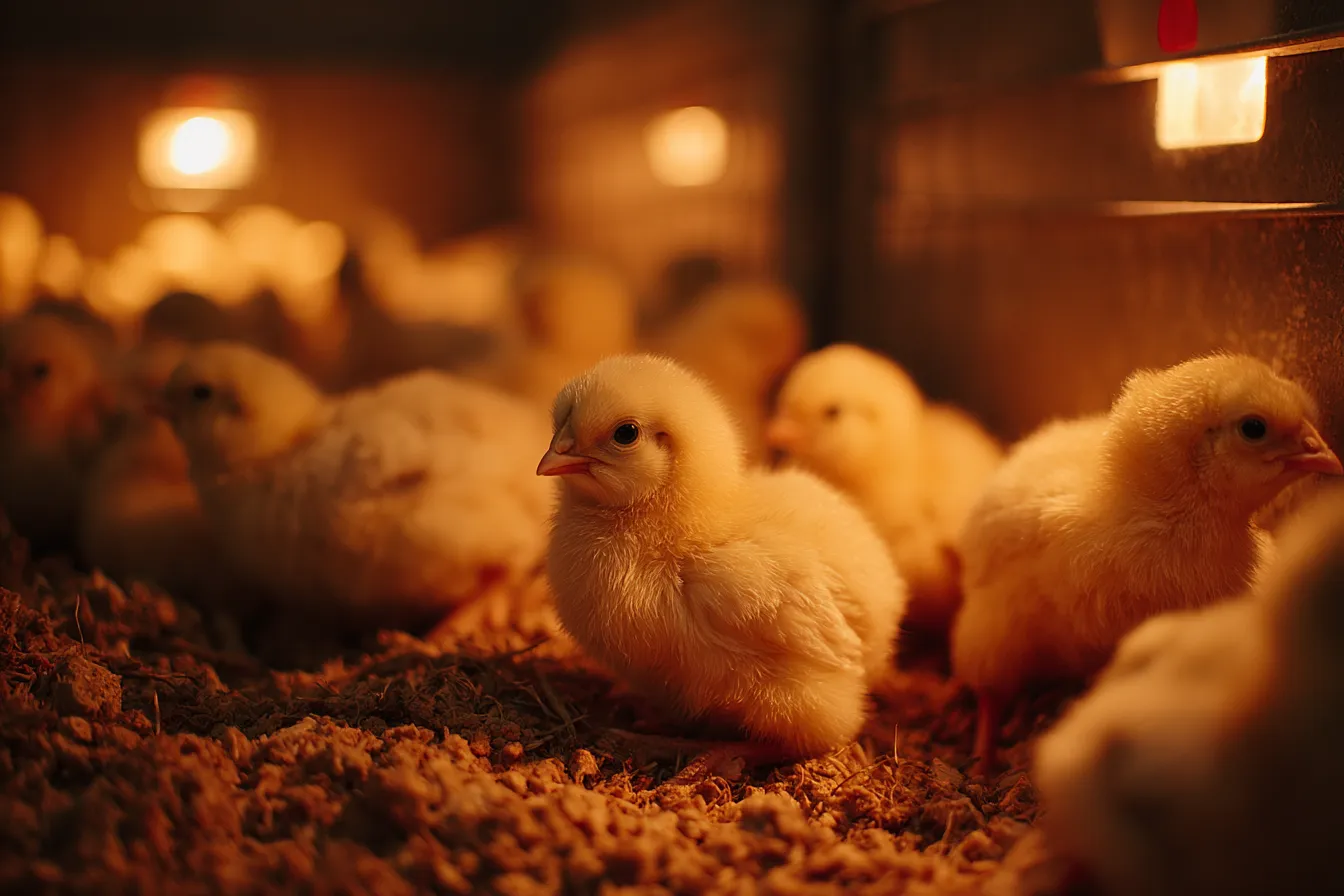 Day-old broiler chicks under the warm glow of a brooder on fresh litter