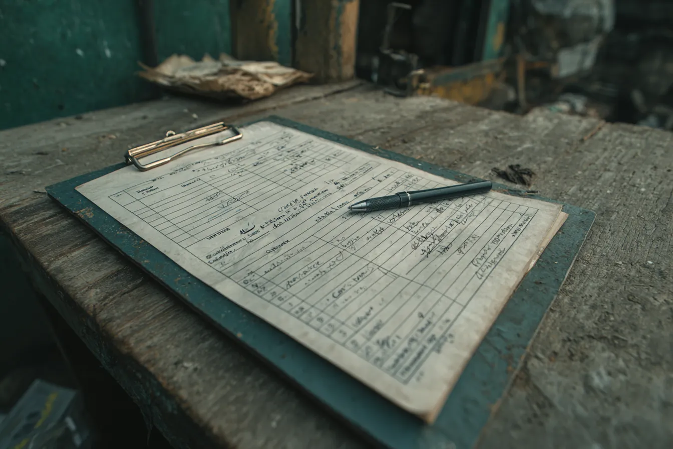 A broiler flock close-out record sheet on a clipboard on a worn shed-office table