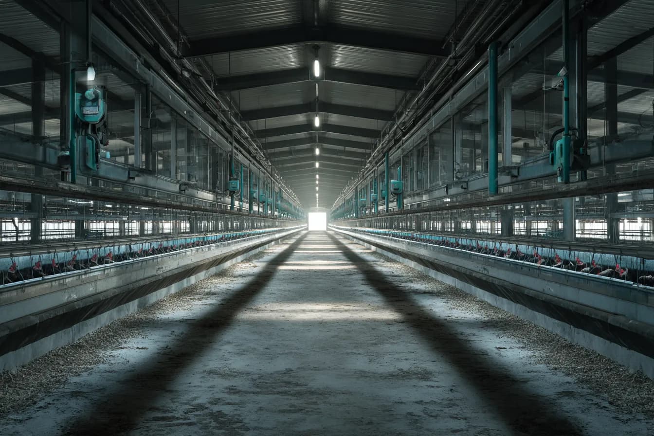A clean, empty controlled broiler shed during downtime between flocks
