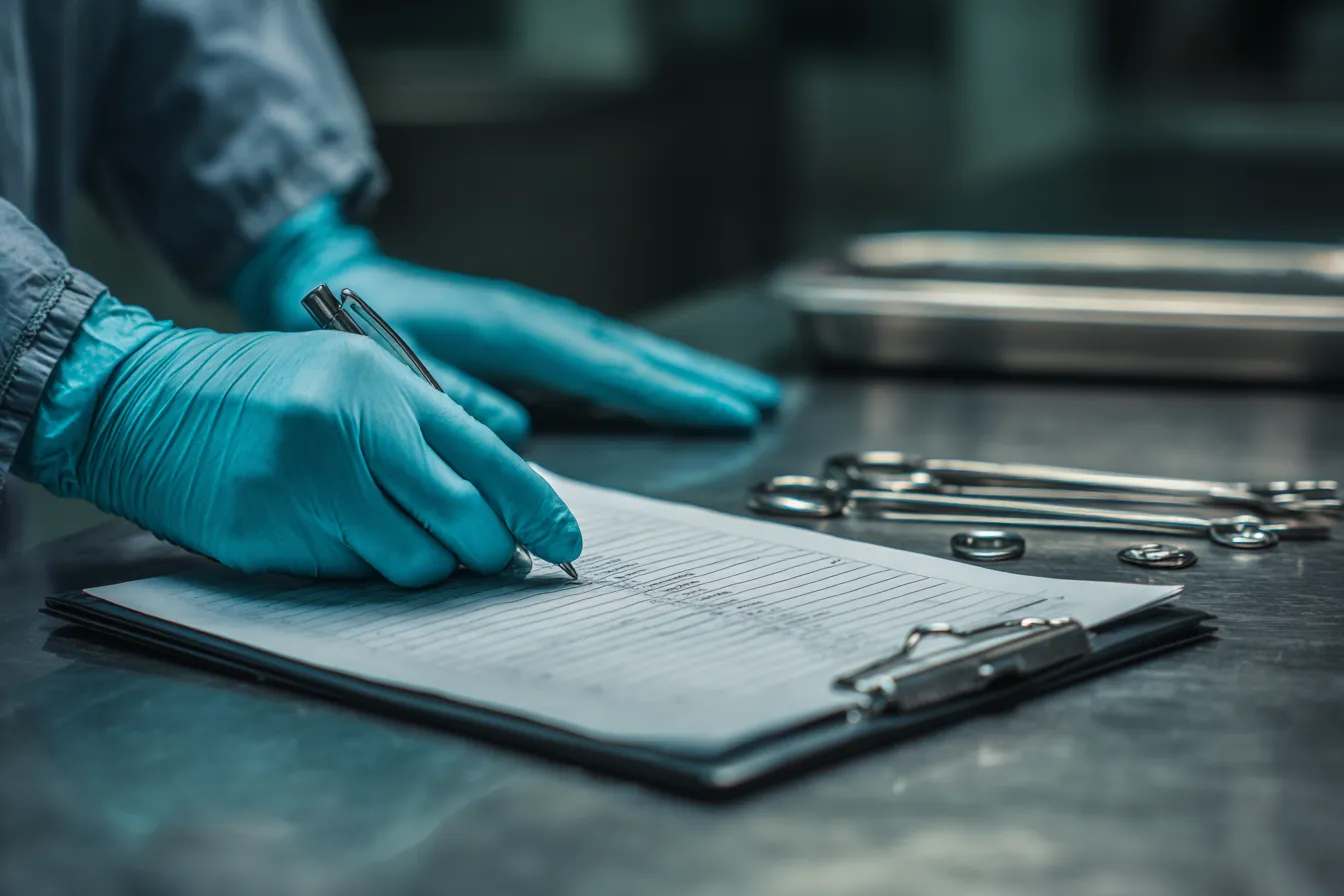 Gloved hands with examination instruments and a record sheet on a clean table for field diagnosis