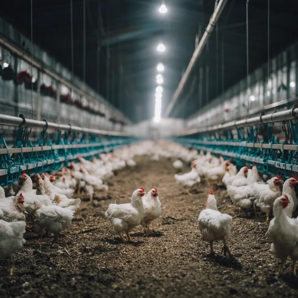 Interior of an environmentally controlled broiler shed with long feed and drinker lines